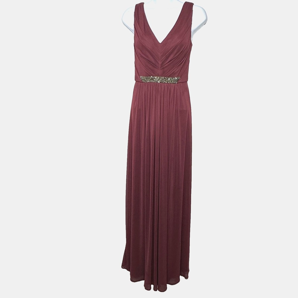 David's Bridal Maxi Dress Womens Sz 0 Wine Ruched V-Neck Embellished Waist Gown